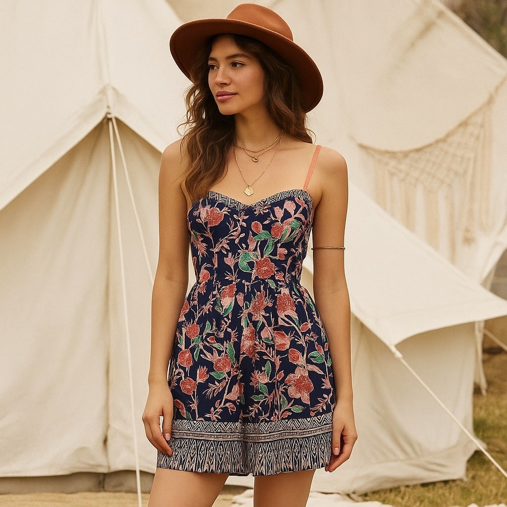 Band of Gypsies S Navy Floral Boho Mini Dress Smocked Waist Sundress‎ Festival